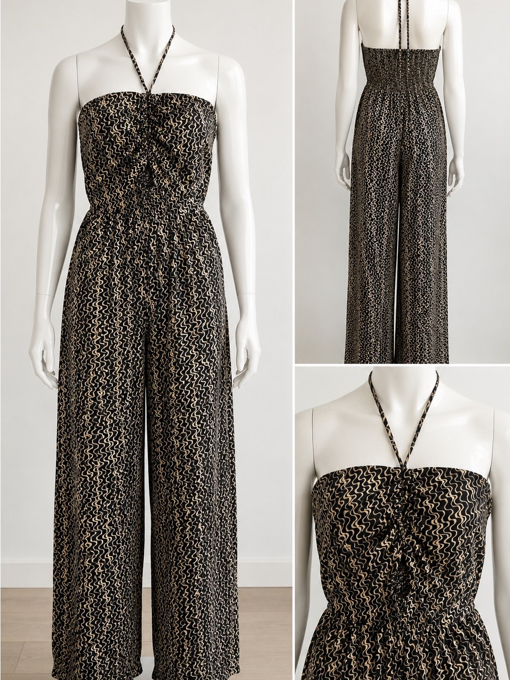 Angie Strapless Wide-Leg Jumpsuit in Black and Cream Wave Print